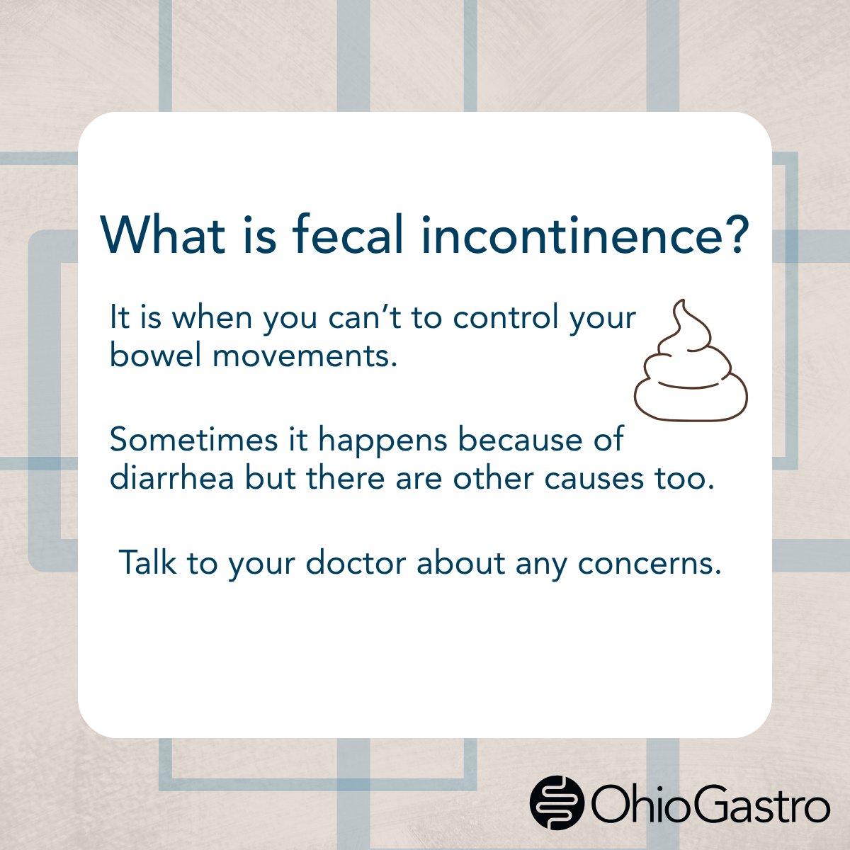 Fecal Incontinence is when you can’t control your bowel movements. Sometimes it happens because of diarrhea but there are other causes too. Talk to your doctor about any concerns.

#digestiveissues #gastrointestinalissues #gastrointestinalproblems