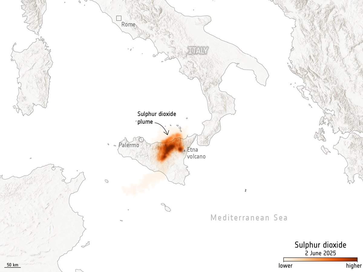 ESA Earth Observation (@esa_eo) on Twitter photo Mount Etna’s latest eruption on 2 June was caught by <a href="/CopernicusEU/">Copernicus EU</a> Sentinel-2.
The first image, shows the lava distribution from the eruption, using an infrared overlay to highlight lava flowing.
The second image, taken by Sentinel-5P, shows how sulphur dioxide has spread in Mount Etna’s latest eruption on 2 June was caught by <a href="/CopernicusEU/">Copernicus EU</a> Sentinel-2.
The first image, shows the lava distribution from the eruption, using an infrared overlay to highlight lava flowing.
The second image, taken by Sentinel-5P, shows how sulphur dioxide has spread in
