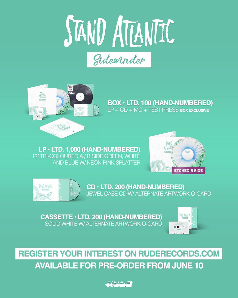 Stand Atlantic and Rude Records have joined forces to bring Sidewinder back - loud, limited, and packed. 

Box Set limited to 100 copies only. 
All items will also be available separately via our store.

Preorders open June 10. 

Register your interest at ruderecords.com/pages/sidewind…