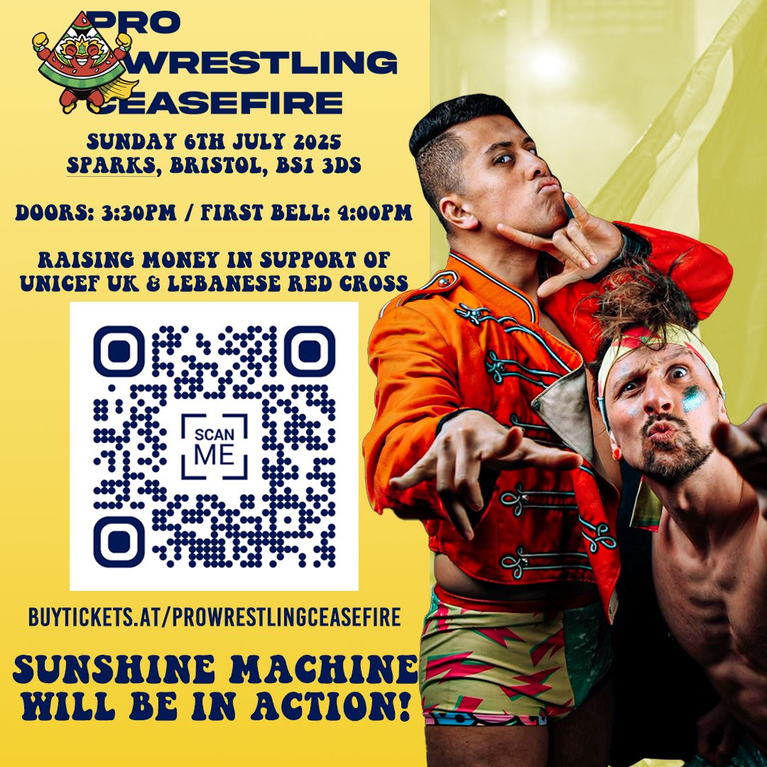📣 PWC: BRISTOL NEWS!

More wrestlers confirmed for our show at SPARKS BRISTOL on Sunday 6th July:

🖤💛 NICO ANGELO
🩷💙 BEAU BELLES
🤍🩷 ALEXANDER VANE
🧡💚 SUNSHINE MACHINE

🍉 PWC: Big Bristol Bash!
📍 SPARKS BRISTOL, BS1 3DS
🚪 Doors: 3:30pm 🔔 First Bell: 4pm

🍻 Cheap