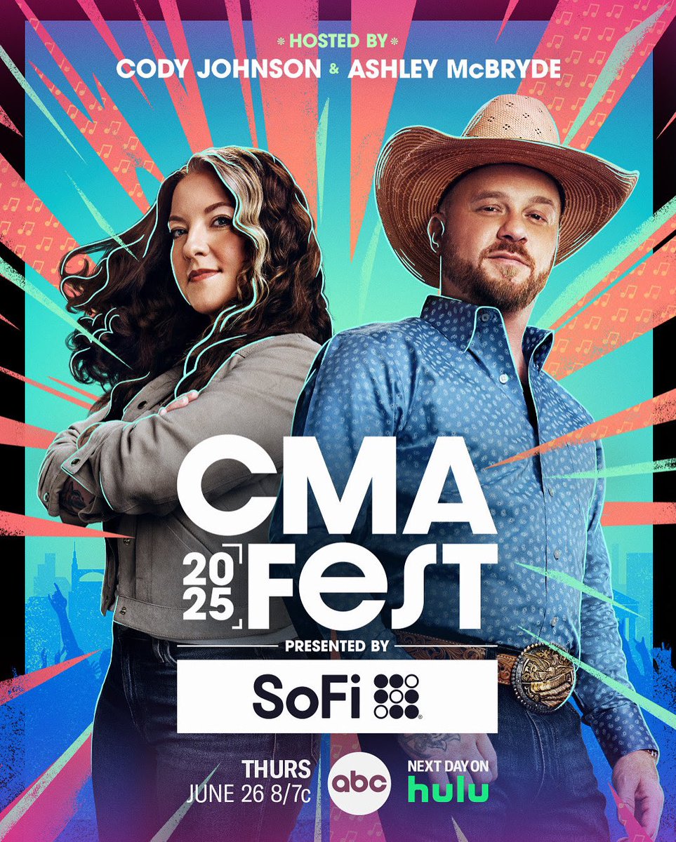 🎤 Get ready for country’s biggest night of the summer! CMA Fest presented by SoFi airs June 26 on ABC, hosted by Cody Johnson and Ashley McBryde, with can't-miss performances straight from Nashville. Streaming next day on Hulu! 🌟 #CMAFest #CountryMusic
