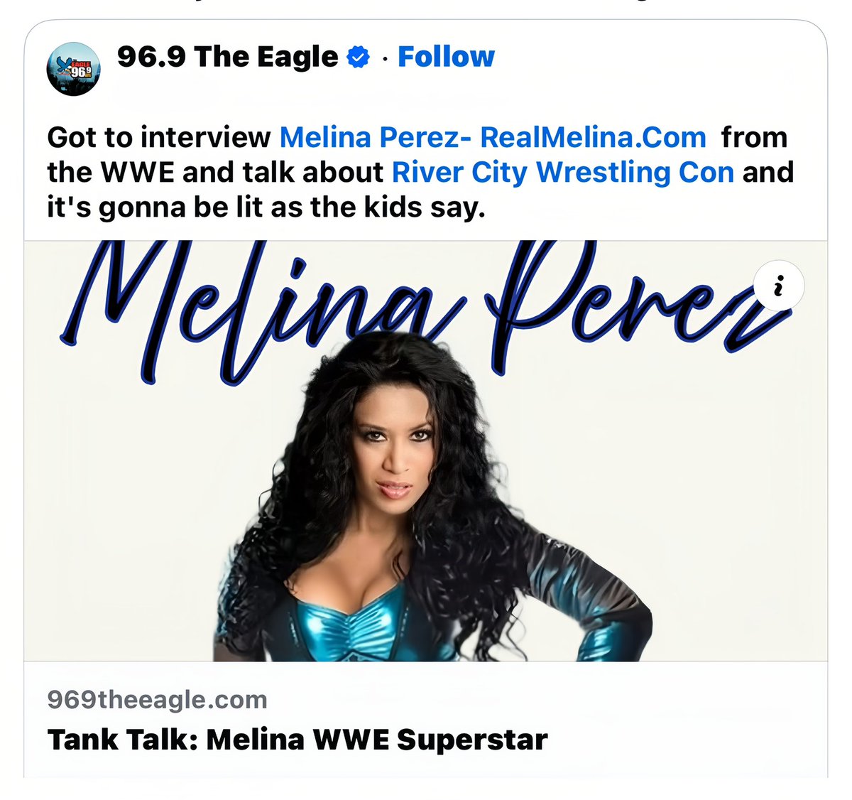 🄼🄴🄻🄸🄽🄰 (@realmelina) on Twitter photo Had an amazing time chatting with Jake “Tank” Mitchell on 96.9 The Eagle’s Tank Talk!
We delved into my journey in WWE, the evolution of women’s wrestling, & the upcoming excitement at <a href="/RCWCofficial/">River City Wrestling Con</a>. Tank’s passion for wrestling made this conversation truly special.
Check it Had an amazing time chatting with Jake “Tank” Mitchell on 96.9 The Eagle’s Tank Talk!
We delved into my journey in WWE, the evolution of women’s wrestling, & the upcoming excitement at <a href="/RCWCofficial/">River City Wrestling Con</a>. Tank’s passion for wrestling made this conversation truly special.
Check it