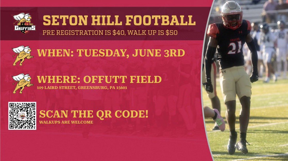 Blaise Holzer (@coach_b_holzer) on Twitter photo Seton Hill Football camp tonight at Offutt Field! Come out and compete for scholarships!  All 9-12th graders welcome!  Check in starts at 5pm camp starts at 6pm. Use the link to register! 
setonhillfootballcamps.totalcamps.com/shop/EVENT Seton Hill Football camp tonight at Offutt Field! Come out and compete for scholarships!  All 9-12th graders welcome!  Check in starts at 5pm camp starts at 6pm. Use the link to register! 
setonhillfootballcamps.totalcamps.com/shop/EVENT