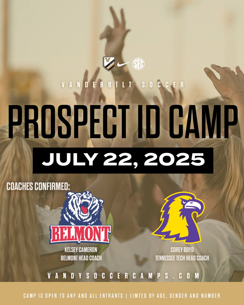 Vanderbilt Soccer (@vandysoccer) on Twitter photo 🚨 Music City ID Camp — July 22 🚨
Compete in front of coaches from <a href="/VandySoccer/">Vanderbilt Soccer</a>, <a href="/BelmontWSoccer/">Belmont Women’s Soccer</a>, <a href="/TTUSoccer/">Tennessee Tech Soccer</a> and more!
🔗 vandysoccercamps.com 🚨 Music City ID Camp — July 22 🚨
Compete in front of coaches from <a href="/VandySoccer/">Vanderbilt Soccer</a>, <a href="/BelmontWSoccer/">Belmont Women’s Soccer</a>, <a href="/TTUSoccer/">Tennessee Tech Soccer</a> and more!
🔗 vandysoccercamps.com