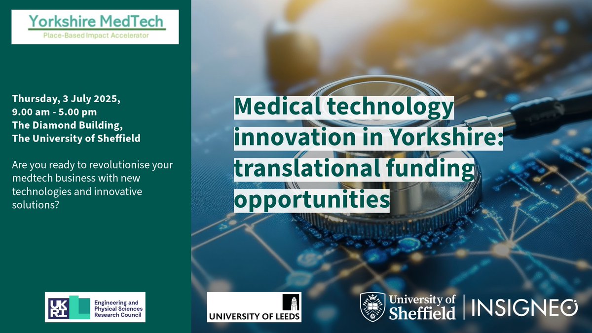 Insigneo Institute (@insigneo) on Twitter photo 📢 Medical technology innovation in Yorkshire: translational funding opportunities!
Come and join us <a href="/sheffielduni/">The University of Sheffield</a> on 3 July to find out how your #MedTech business could collaborate & innovate with us to compete in an ever-changing market
Register: sheffield.ac.uk/insigneo/overv… 📢 Medical technology innovation in Yorkshire: translational funding opportunities!
Come and join us <a href="/sheffielduni/">The University of Sheffield</a> on 3 July to find out how your #MedTech business could collaborate & innovate with us to compete in an ever-changing market
Register: sheffield.ac.uk/insigneo/overv…