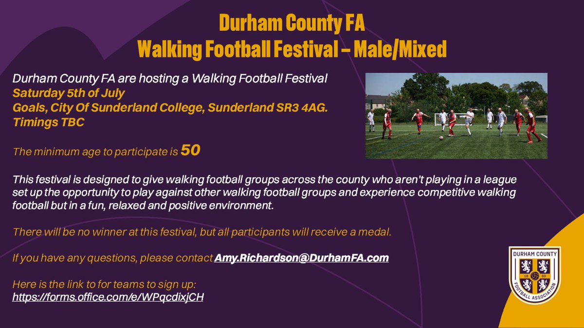 ๐๐๐ฟ๐ต๐ฎ๐บ ๐๐ผ๐๐ป๐๐ ๐๐ โฝ๏ธ (@durhamfa) on Twitter photo Walking Football Festival โฝ๐ถ
If you have any questions please contact Amy.Richardson@DurhamFA.comโ
Sign up ๐forms.office.com/e/WPqcdixjCH Walking Football Festival โฝ๐ถ
If you have any questions please contact Amy.Richardson@DurhamFA.comโ
Sign up ๐forms.office.com/e/WPqcdixjCH