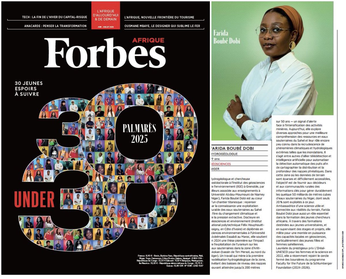LinkedIn saw it first 

Honored to be named in the <a href="/Forbes_Afrique/">Forbes Afrique</a> 30 Under 30 2025 edition!
Proud to represent #Hydrogeology, #Geosciences &amp; #YouthInScience from #Niger.
Let’s keep pushing for sustainable water futures 💧

📸: Inault Viahon

#ScienceForDevelopment