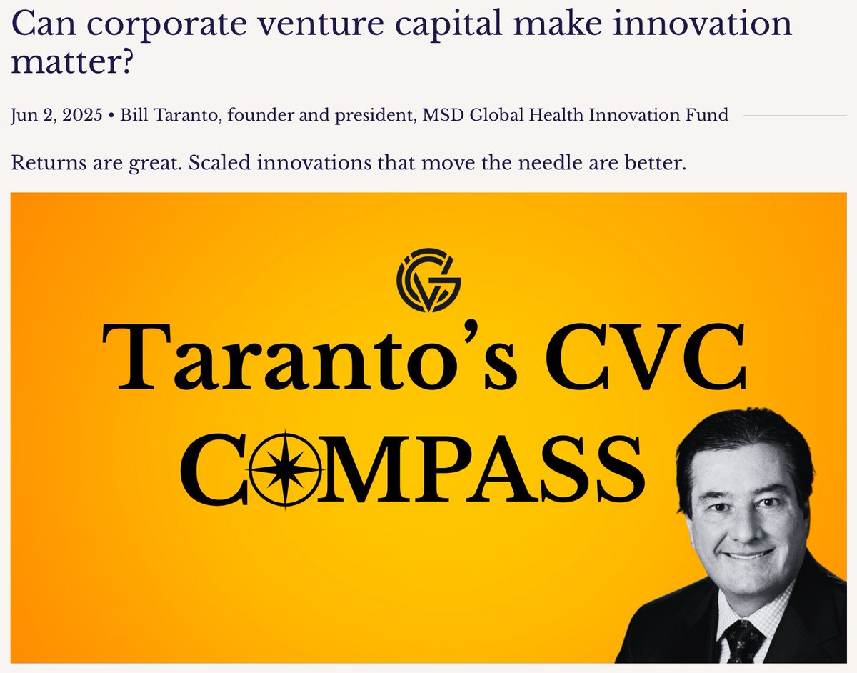Freddy T. Nguyen, MD, PhD (@freddytn) on Twitter photo “Returns are great. Scaled #innovations that move the needle are better.”
💥 Must-read from Bill Taranto of <a href="/Merck/">Merck</a>’s Global Health #Innovation Fund on what makes corporate #VentureCapital matter
Not theater. Not compliance. Real impact.
globalventuring.com/corporate/heal…
#CVC #biotech “Returns are great. Scaled #innovations that move the needle are better.”
💥 Must-read from Bill Taranto of <a href="/Merck/">Merck</a>’s Global Health #Innovation Fund on what makes corporate #VentureCapital matter
Not theater. Not compliance. Real impact.
globalventuring.com/corporate/heal…
#CVC #biotech