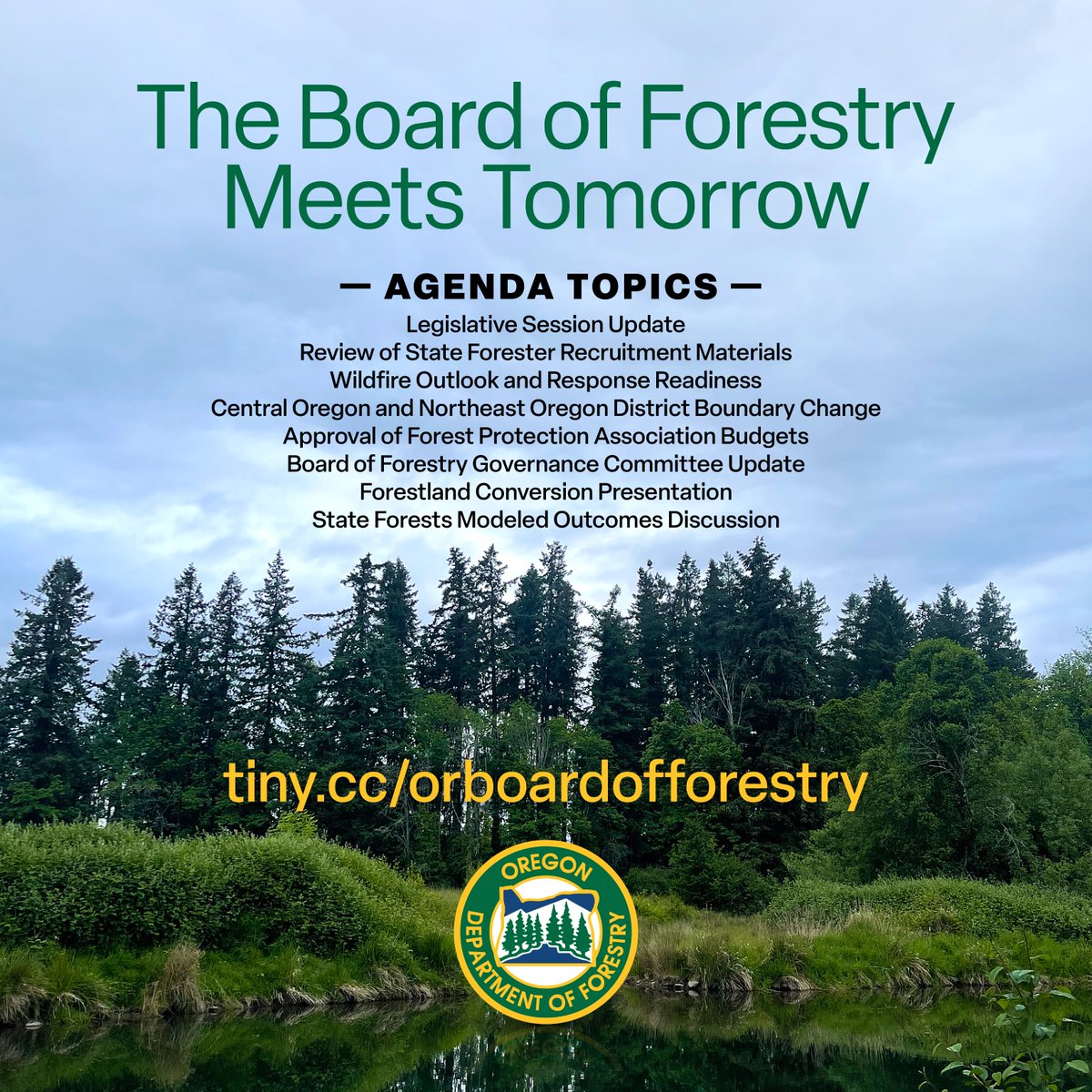 The Board of Forestry is meeting tomorrow at Salem headquarters. View the agenda, sign up for public comment, review the board packet, or watch the livestream at tiny.cc/orboardoffores….