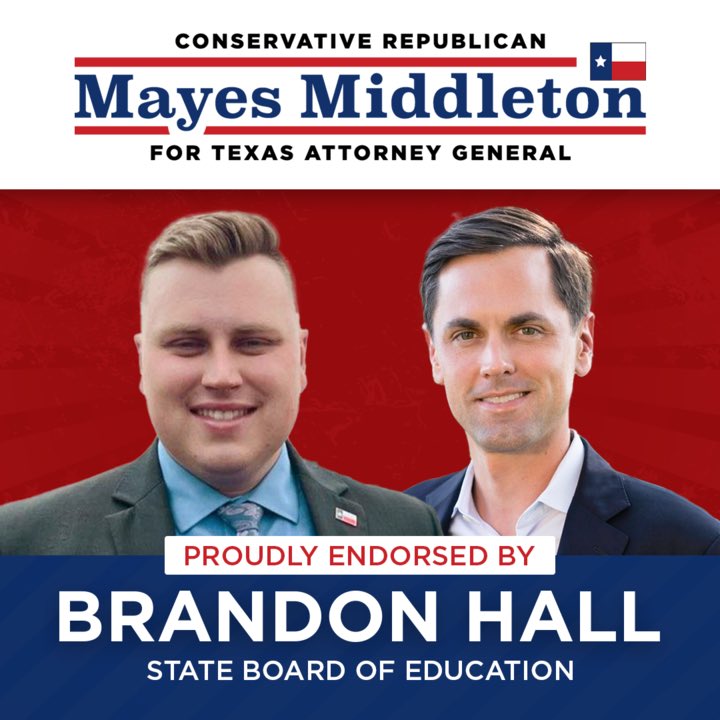 State Board of Education Member Brandon Hall is a champion for parental rights and fighting to make sure all Texas students receive a great education.   Thank you for endorsing me for Texas Attorney General!