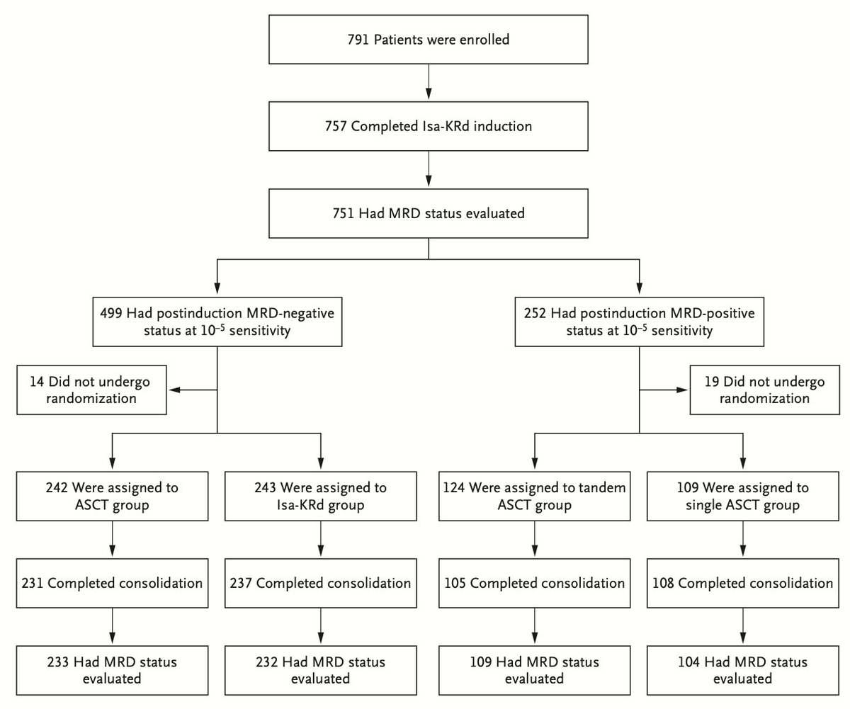 MIDAS trial - NEJM CONSORT flow - 791 enrolled, 751 MRD-evaluated, 718 randomized across four arms