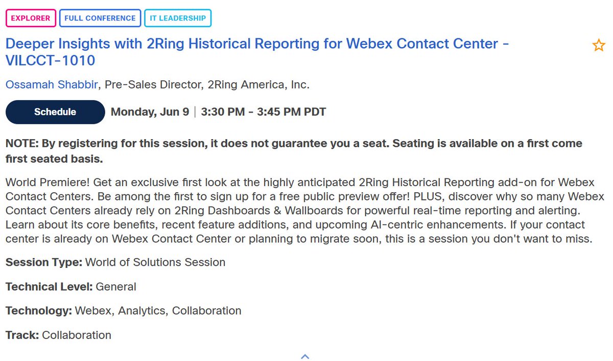 2RingCX's tweet image. 🎉 #CiscoLive starts next week! Catch 2Ring’s session VILCCT-1010 on June 9 @ 3:30 PM. Standing room still available! Add or favorite our session here ➡️ ciscolive.com/global/learn/s… #CX #WebexCC #WebexContactCenter #CLUS #CiscoPartner #CiscoCC