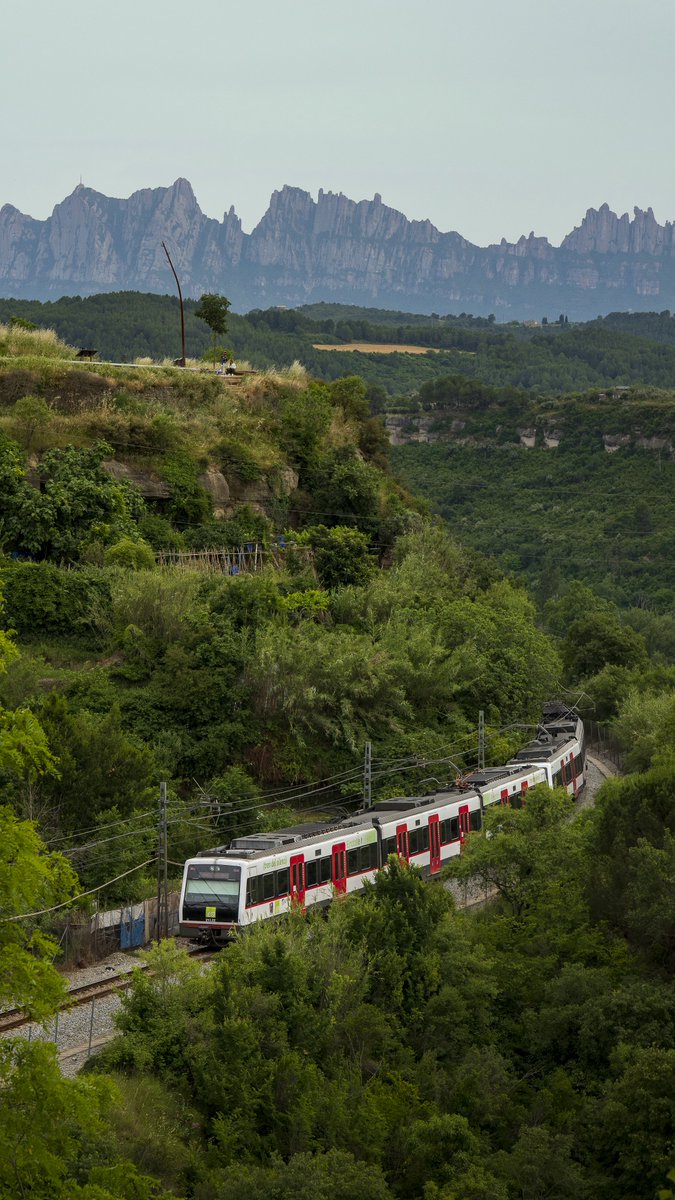 Un tren doble d’FGC sortint de Manresa. (1 de juny de 2025)