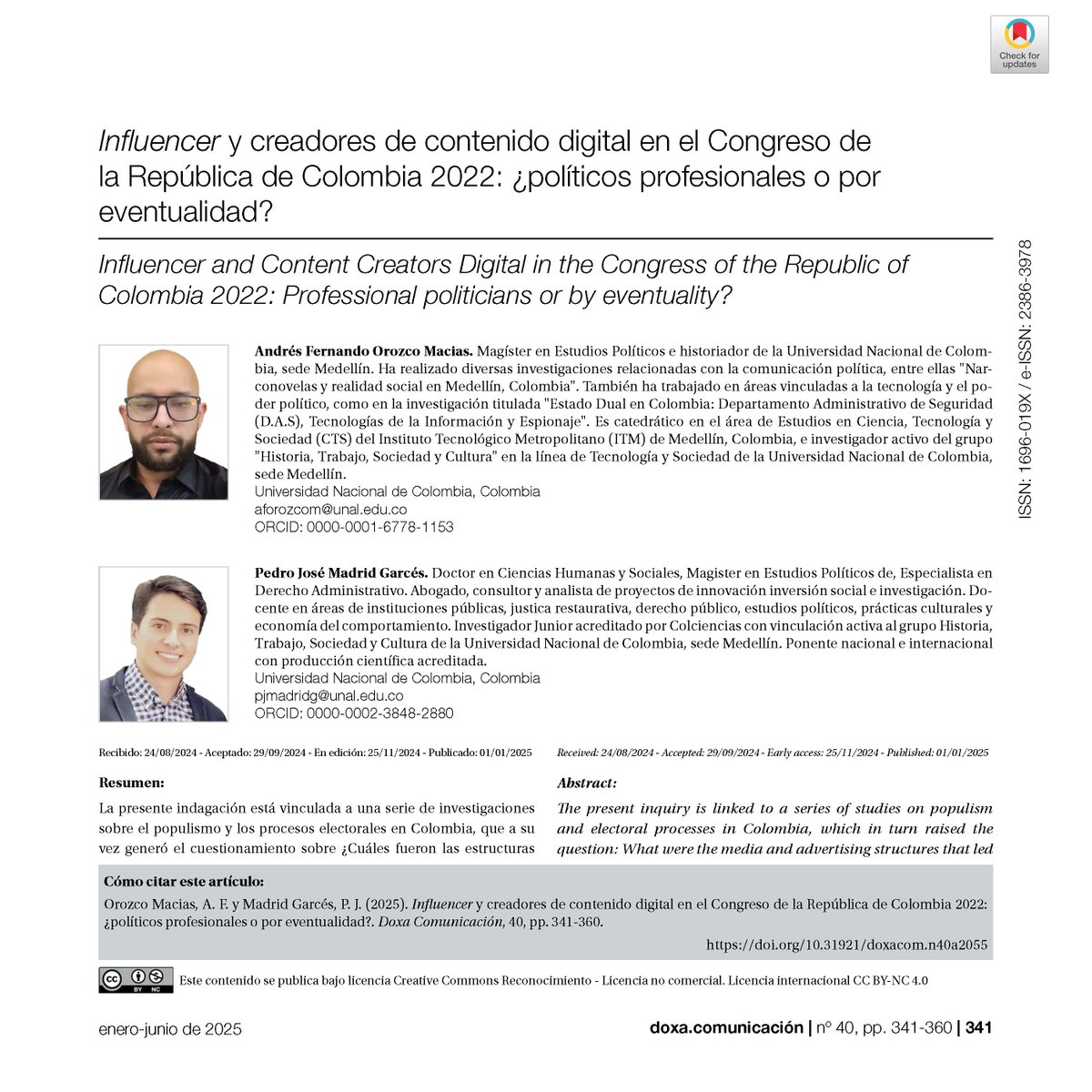 Doxa Comunicación (@doxacom) on Twitter photo Influencer y creadores de contenido digital en el Congreso de la República de Colombia 2022: ¿políticos profesionales o por eventualidad?
👌🏻 Por Andrés Fernando Orozco Macias y Pedro José Madrid Garcés de la <a href="/UNALOficial/">Universidad Nacional de Colombia</a>
DOI: doi.org/10.31921/doxac…
#Influencer #RedesSociales Influencer y creadores de contenido digital en el Congreso de la República de Colombia 2022: ¿políticos profesionales o por eventualidad?
👌🏻 Por Andrés Fernando Orozco Macias y Pedro José Madrid Garcés de la <a href="/UNALOficial/">Universidad Nacional de Colombia</a>
DOI: doi.org/10.31921/doxac…
#Influencer #RedesSociales