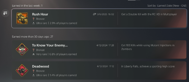 AstronomAndy's tweet photo. FINALLY THEY HAVE FIXED THE BUGGED TROPHY. Look at the time difference between my last earned and that haha. a full 100% achievement account IS BACK ON hahaha https://t.co/S3mZmyedVt