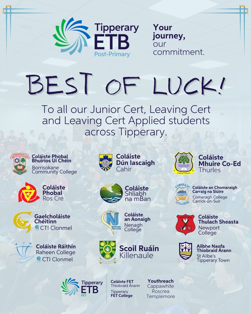 Tipperary Education and Training Board (@tipperaryetb) on Twitter photo ๐ต ๐๐๐ฌ๐ญ ๐จ๐ ๐ฅ๐ฎ๐๐ค, ๐ฌ๐ญ๐ฎ๐๐๐ง๐ญ๐ฌ! ๐
We want to wish all our Junior Cert, Leaving Cert and Leaving Cert Applied the best of luck as they begin their State exams tomorrow.
Stay calm, well nourished, and keep the advice of your teachers to the forefront of your mind. ๐ต ๐๐๐ฌ๐ญ ๐จ๐ ๐ฅ๐ฎ๐๐ค, ๐ฌ๐ญ๐ฎ๐๐๐ง๐ญ๐ฌ! ๐
We want to wish all our Junior Cert, Leaving Cert and Leaving Cert Applied the best of luck as they begin their State exams tomorrow.
Stay calm, well nourished, and keep the advice of your teachers to the forefront of your mind.