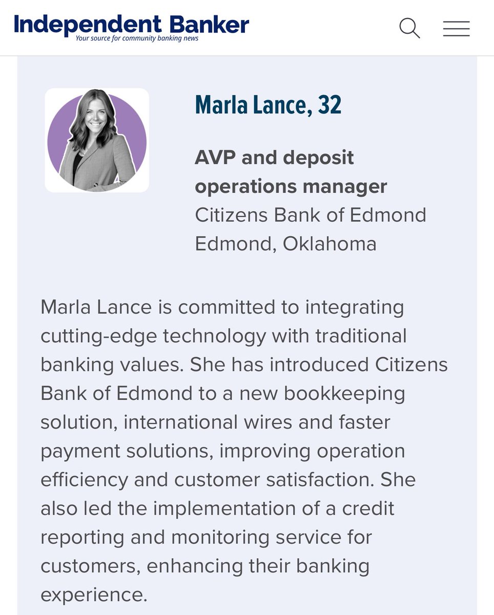 Huge congrats to <a href="/CitizensEdmond/">Citizens Bank</a>’s Marla Lance on @icba’s 40 under 40! Prior to this role, Marla led the launch of <a href="/vault_405/">Vault 405</a>, bravely exploring outside of her comfort zone. So proud! independentbanker.org/article/2025/0…