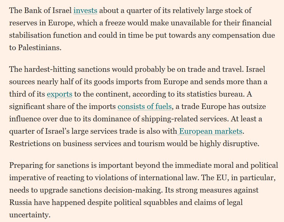 eu by měla zavést sankce proti izraeli, zmrazené prostředky může použít na odškodnění palestinců, navrhují ve financial times. eu by mj. prokázala, že vystoupí proti závažnému porušování mezinárodního práva, ať už jde o kohokoliv.

ft.com/content/8a82a5…
