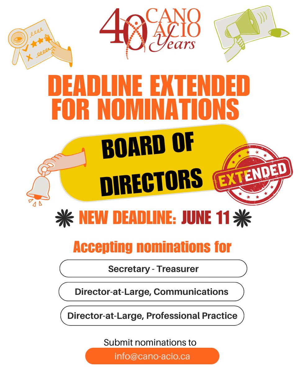 CANO/ACIO (@cano_acio) on Twitter photo π£ Deadline extended! Join the #CANOACIO Board and help shape the future of oncology nursing. Positions open: Secretary-Treasurer, Director-at-Large (Comms & Practice). ποΈ New deadline: June 11. Submit to info@cano-acio.ca. Learn More: cano-acio.ca/page/election_β¦
#OncologyNursing π£ Deadline extended! Join the #CANOACIO Board and help shape the future of oncology nursing. Positions open: Secretary-Treasurer, Director-at-Large (Comms & Practice). ποΈ New deadline: June 11. Submit to info@cano-acio.ca. Learn More: cano-acio.ca/page/election_β¦
#OncologyNursing
