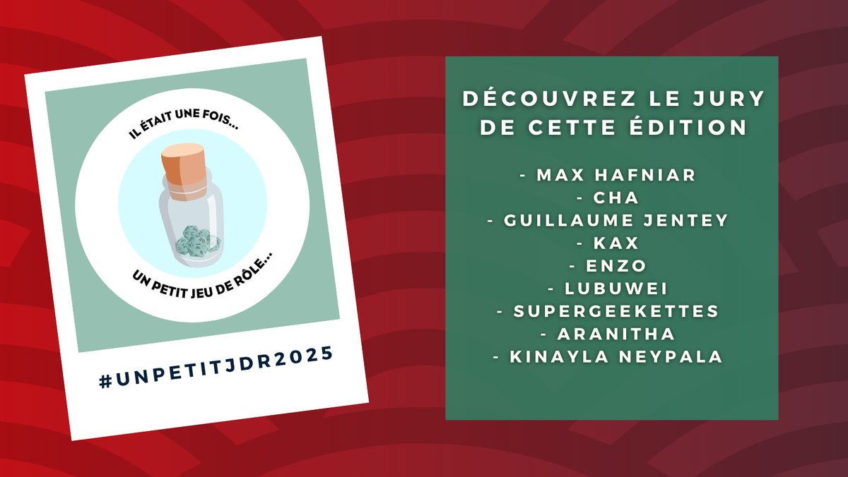 unpetitjdr's tweet image. 🎲 Le jury #UnPetitJDR 2025 au complet !
Un casting passionné et plein de talent ❤️

📅 Thème concours annoncé le 6 juin à 10h
🔗 Infos &amp;amp; portraits : linktr.ee/unpetitjdr
💬 Rejoins-nous sur Discord ! discord.gg/p9tAMab8hc