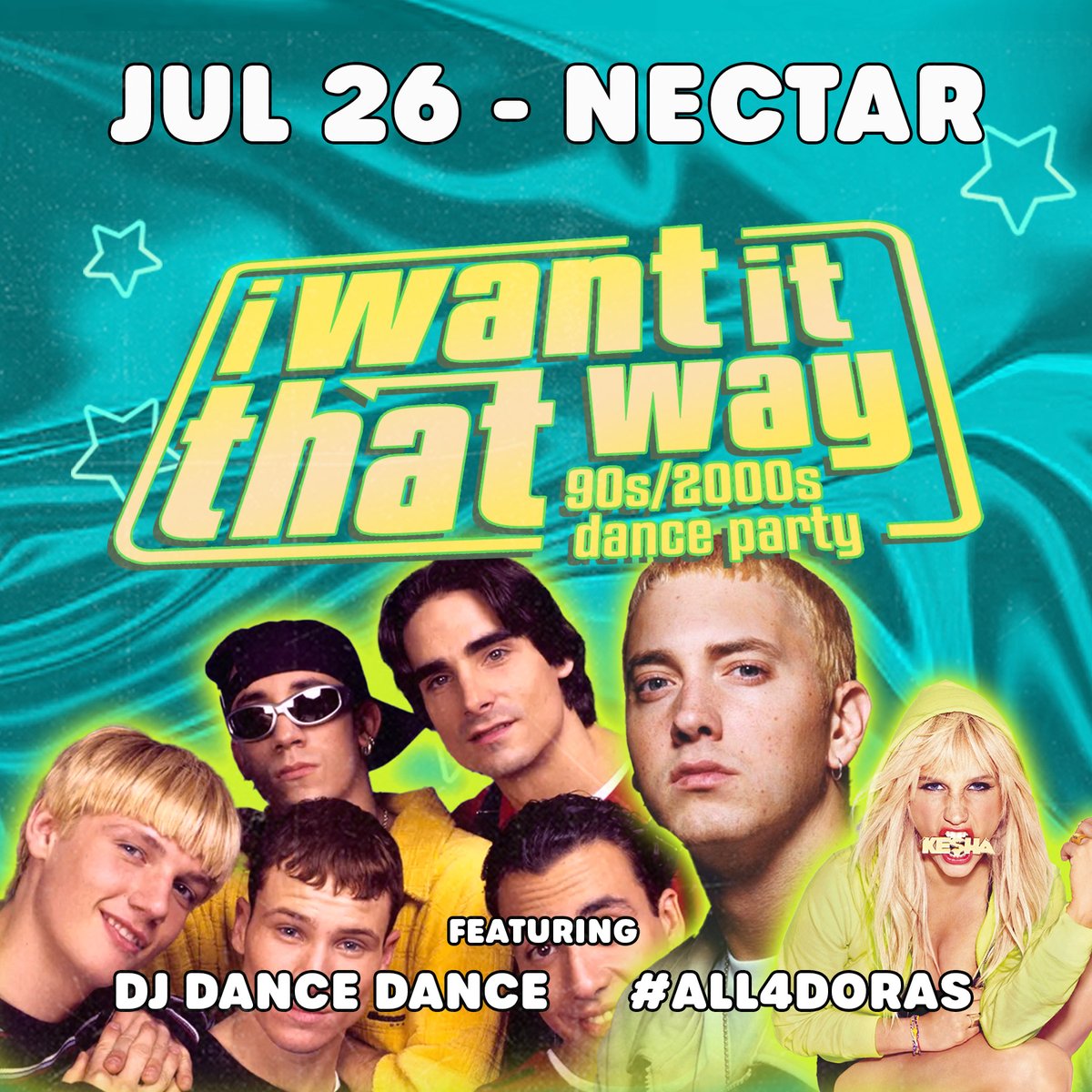 JUST ANNOUNCED 🎤
I WANT IT THAT WAY: '90s/'00s Dance Party is back on July 26th! All4doras - Seattle's only tribute boyband  plus DJ Dance Dance spinning all your guilty pleasures.

📍 Nectar Lounge | 412 N 36th St
🗓 Saturday, July 26
🎟️ tixr.com/e/146084