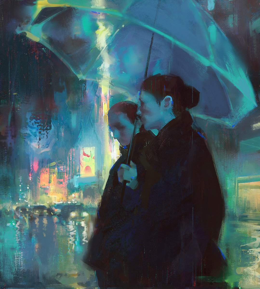 Rain inspires me so much, it sets the mood just right and locks me into the work for hours without getting tired. But somehow I don’t have enough rainy artworks. Gotta fix that soon