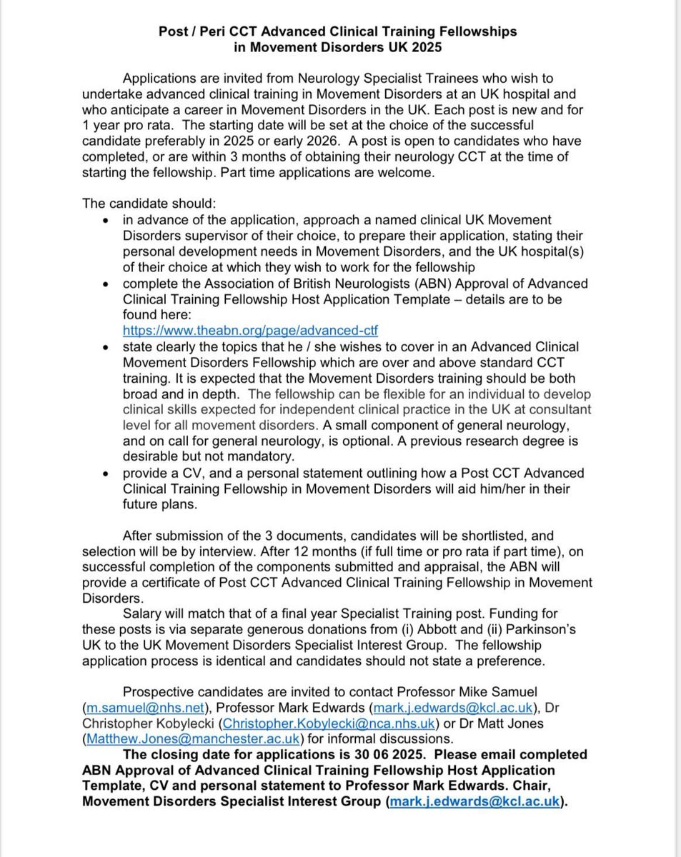 ABNTrainees's tweet image. 📣 Interested in Movement Disorders? 📣
An amazing opportunity to complete a post-CCT Advanced Clinical Training Fellowship in Movement Disorders with leaders in the field!
See advert and contact details below