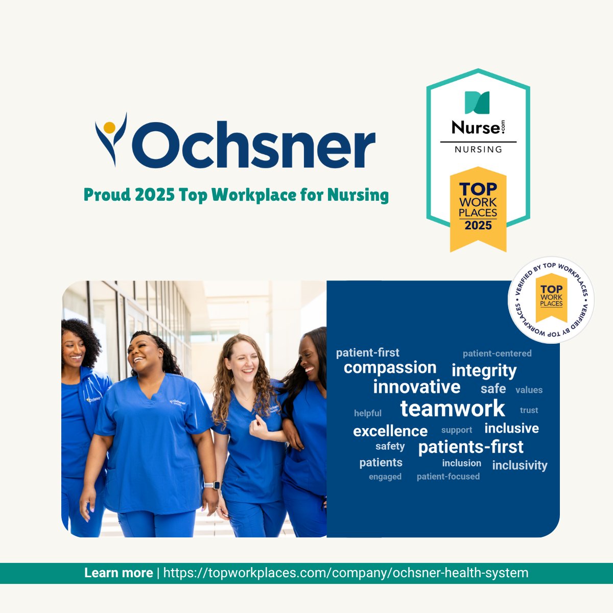 👏 ICYMI, our 2025 Top Workplaces for Nursing awards are now live. 

Help us celebrate Ochsner Health — a proud 2025 Nursing Top Workplace🏆🩺

🔍 Explore what makes Ochsner Health a top-tier workplace: topworkplaces.com/company/ochsne…