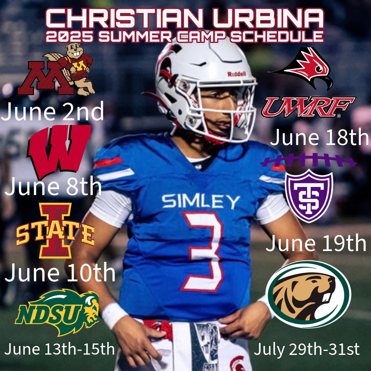 1UrbinaC's tweet image. Here are the camps I will be attending this summer.
- PJ Fleck RTB
- UW Badger
- ISU Prospect Camp 3
- NDSU Session 1
- UWRF Minnesconsin Mega Camp Session 3
- UST HS Camp 1
- Bemidji Team Camp