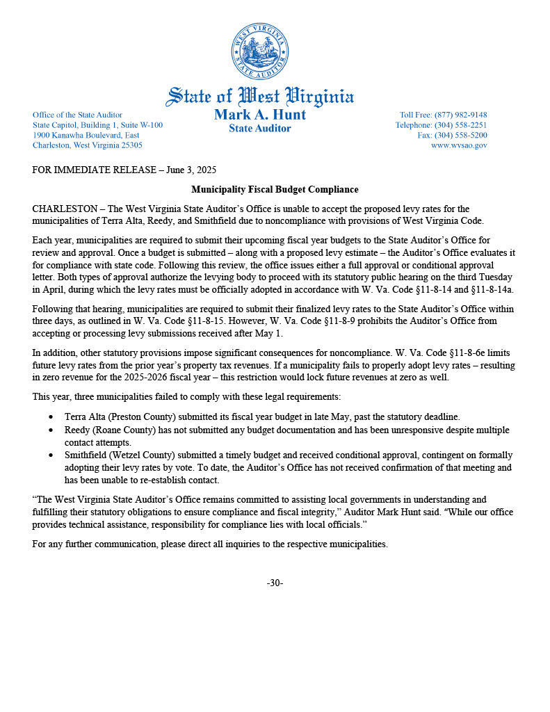 June 3, 2025, Municipality Fiscal Budget Compliance, please see press release for details.
