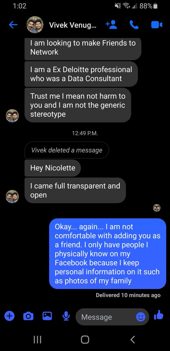 Ladies (and gentlemen) pease remember. You don't owe anyone anything simply because they're "nice" to you. I said I don't add random people to my Facebook and apparently that doesn't cut it.