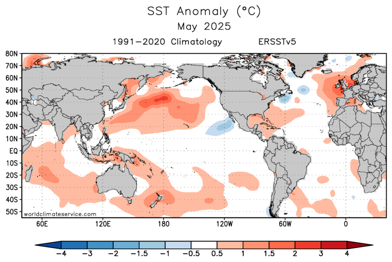 WorldClimateSvc's tweet image. Last month's sea surface warmth near Ireland and the UK is one of the most pronounced temperature anomalies in the global oceans.
May SSTs were locally more than 4 standard deviations above the 1991-2020 climate (ERSSTv5 data).