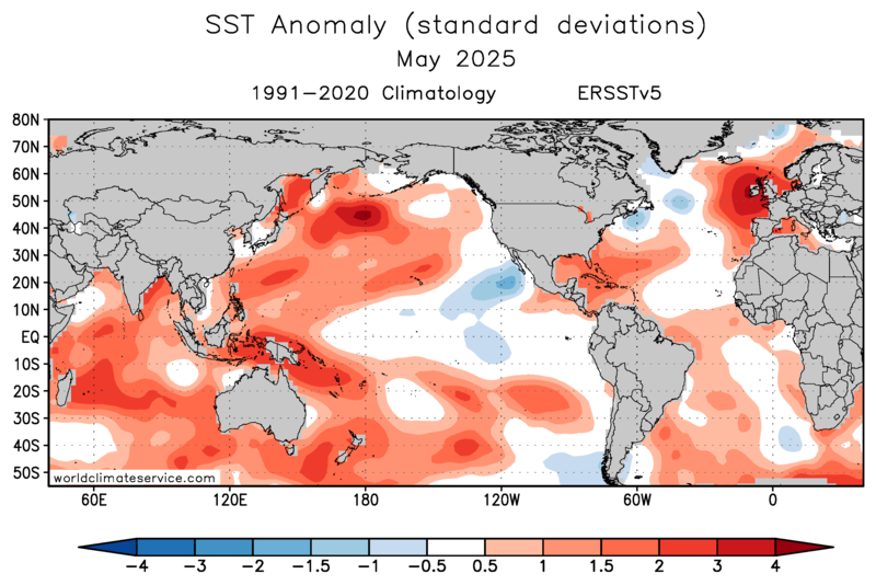 WorldClimateSvc's tweet image. Last month's sea surface warmth near Ireland and the UK is one of the most pronounced temperature anomalies in the global oceans.
May SSTs were locally more than 4 standard deviations above the 1991-2020 climate (ERSSTv5 data).