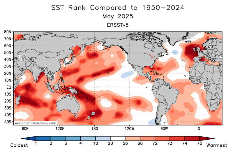 WorldClimateSvc's tweet image. Last month's sea surface warmth near Ireland and the UK is one of the most pronounced temperature anomalies in the global oceans.
May SSTs were locally more than 4 standard deviations above the 1991-2020 climate (ERSSTv5 data).