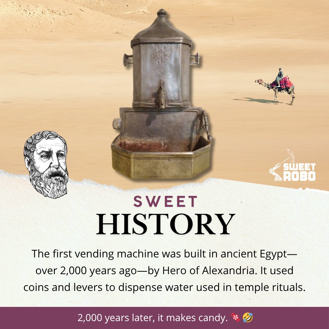 SweetRoboHQ's tweet image. SWEET HISTORY: The first vending machine was built in ancient Egypt—over 2,000 years ago—by Hero of Alexandria. It used coins and levers to dispense water used in temple rituals.

2,000 years later, it makes candy. 🍬 🤣

#SweetRobo #VendingHistory #RobotGlowUp #BuiltDifferent