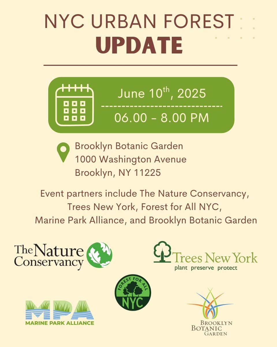 Forest for All NYC (@forestforallnyc) on Twitter photo Join us, <a href="/TreesNewYork/">Trees New York</a> <a href="/BrooklynBotanic/">Brooklyn Botanic Garden</a> <a href="/nature_ny/">Nature Conservancy NY</a>, and Marine Park Alliance a week from today on June 10th for an update on key projects related to the #NYCUrbanForest!
Register here: treesny.org/civicrm/event/… Join us, <a href="/TreesNewYork/">Trees New York</a> <a href="/BrooklynBotanic/">Brooklyn Botanic Garden</a> <a href="/nature_ny/">Nature Conservancy NY</a>, and Marine Park Alliance a week from today on June 10th for an update on key projects related to the #NYCUrbanForest!
Register here: treesny.org/civicrm/event/…
