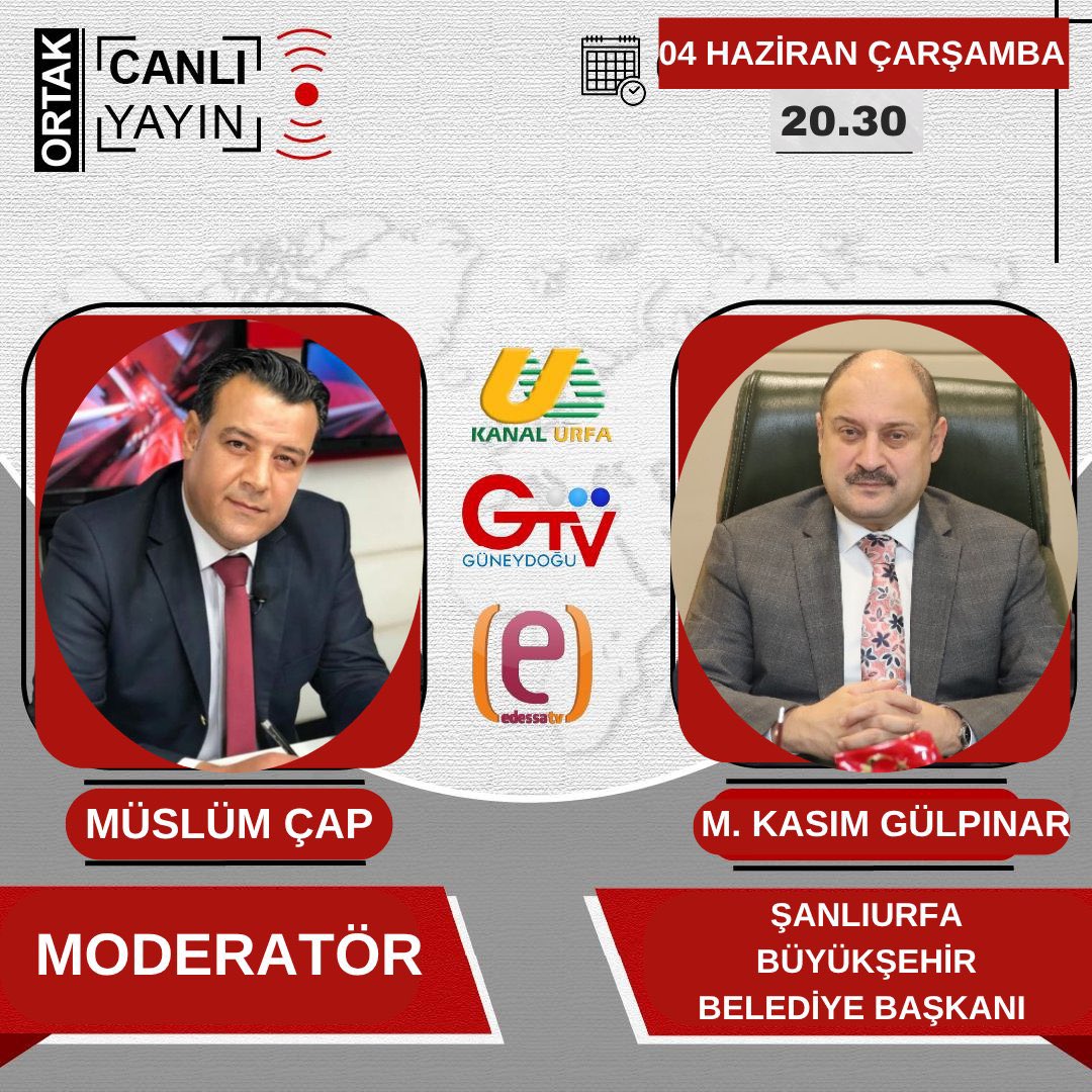 Müslüm Çap ile Gündem Özel Programının konuğu, Şanlıurfa Büyükşehir Belediye Başkanı Mehmet Kasım Gülpınar olacaktır. 

🗓04 Haziran Çarşamba 
🕤Saat 20.30 
📡Canlı Yayın
#MehmetKasımGülpınar