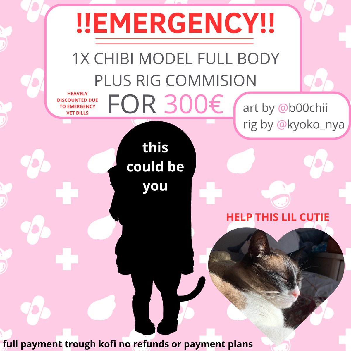 emergency chibi model art and rig heavily discounted only one slot!! due to emergency vet bills we teamed up to make a discounted chibi model to help kitty, <a href="/kyoko_nya/">Kyoko 💙💛</a>  has gracefully acepted to help me by rigging the model so half the funds will go to her, please like and rtwt
