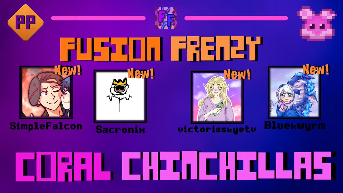 Fusion Frenzy (@fusionfrenz) on Twitter photo Announcing the Coral Chinchillas!
<a href="/simple_falcon/">Simple_falcon</a> <a href="/SacronixTV/">SacronixTV</a> <a href="/victoriaskyetv/">victoria skye🍂</a> <a href="/Bluekwyrm/">Bluekwyrm</a>
Will they be victorious in Fusion Frenzy: Pride Party on Saturday the 14th of June at 8pm BST? Announcing the Coral Chinchillas!
<a href="/simple_falcon/">Simple_falcon</a> <a href="/SacronixTV/">SacronixTV</a> <a href="/victoriaskyetv/">victoria skye🍂</a> <a href="/Bluekwyrm/">Bluekwyrm</a>
Will they be victorious in Fusion Frenzy: Pride Party on Saturday the 14th of June at 8pm BST?