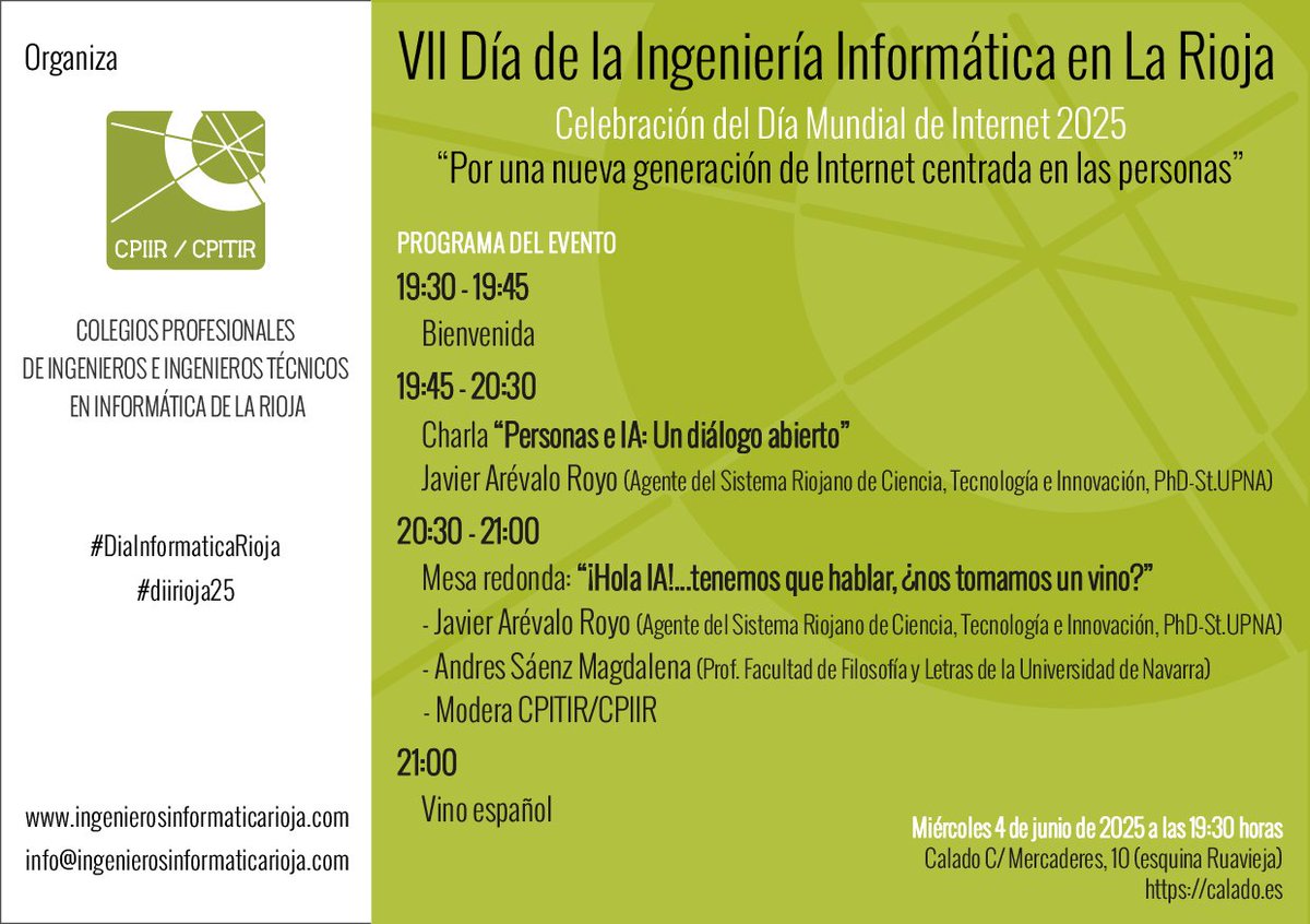 📢Celebramos #diirioja25 el Día d Internet #diadeinternet MIERCOLES 4 junio 19:30h n <a href="/somoscalado/">Calado</a> charla d Javier Arévalo Royo “Personas e IA: Un diálogo abierto” Mesa debate “¡Hola IA!...tenemos que hablar, ¿nos tomamos un vino?” cn Andrés Sáenz Magdalena #diainformaticarioja
