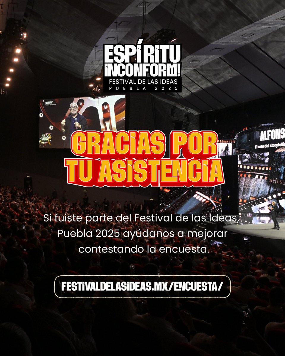 ¡Gracias por ser parte de la cuarta edición del #FDIPuebla2025! Para nosotros es muy importante conocer cómo fue tu experiencia.

👉🏼festivaldelasideas.mx/encuesta/

Al completarla entrarás automáticamente en un sorteo para ganar un pase doble para el Festival de las Ideas 2026. 🎟️