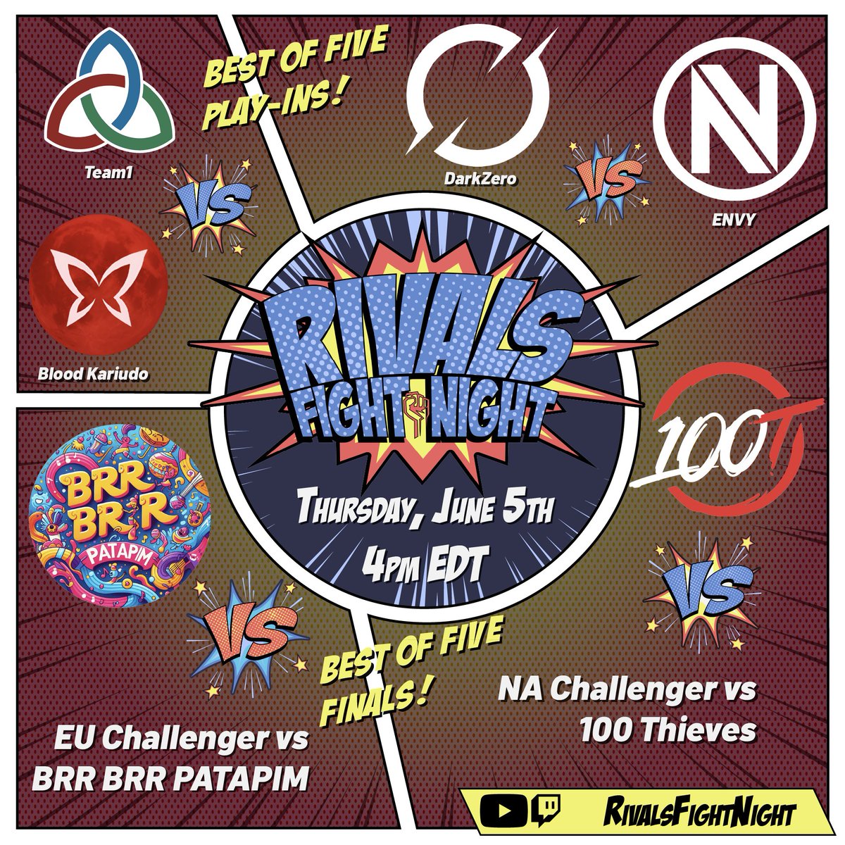 RivalsRFN's tweet image. Rivals Fight Night #14:
@Team1_MR vs @BloodKariudoMR | vs @TeamPATAPIM
@DarkZeroGG vs @Envy | vs @100T_Esports
@virtuspro__MR is unavailable to defend in EU.