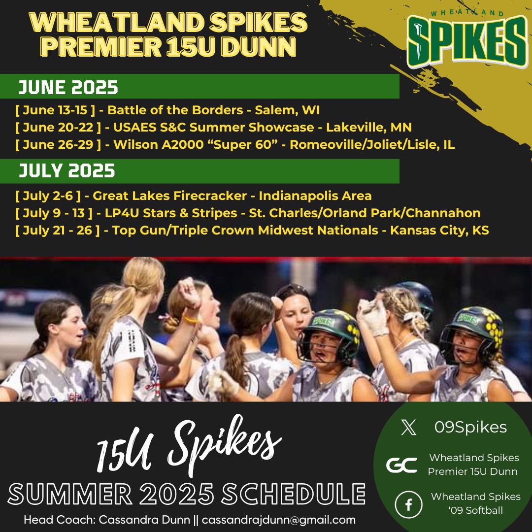Addyson Dunn-2027 (@addysondunn2027) on Twitter photo Here is our schedule for this 2025 summer season! So excited to get back on the field with my travel team!! <a href="/09Spikes/">Wheatland Spikes Premier 09</a> <a href="/WheatlandSpikes/">Wheatland Spikes Softball</a> Here is our schedule for this 2025 summer season! So excited to get back on the field with my travel team!! <a href="/09Spikes/">Wheatland Spikes Premier 09</a> <a href="/WheatlandSpikes/">Wheatland Spikes Softball</a>