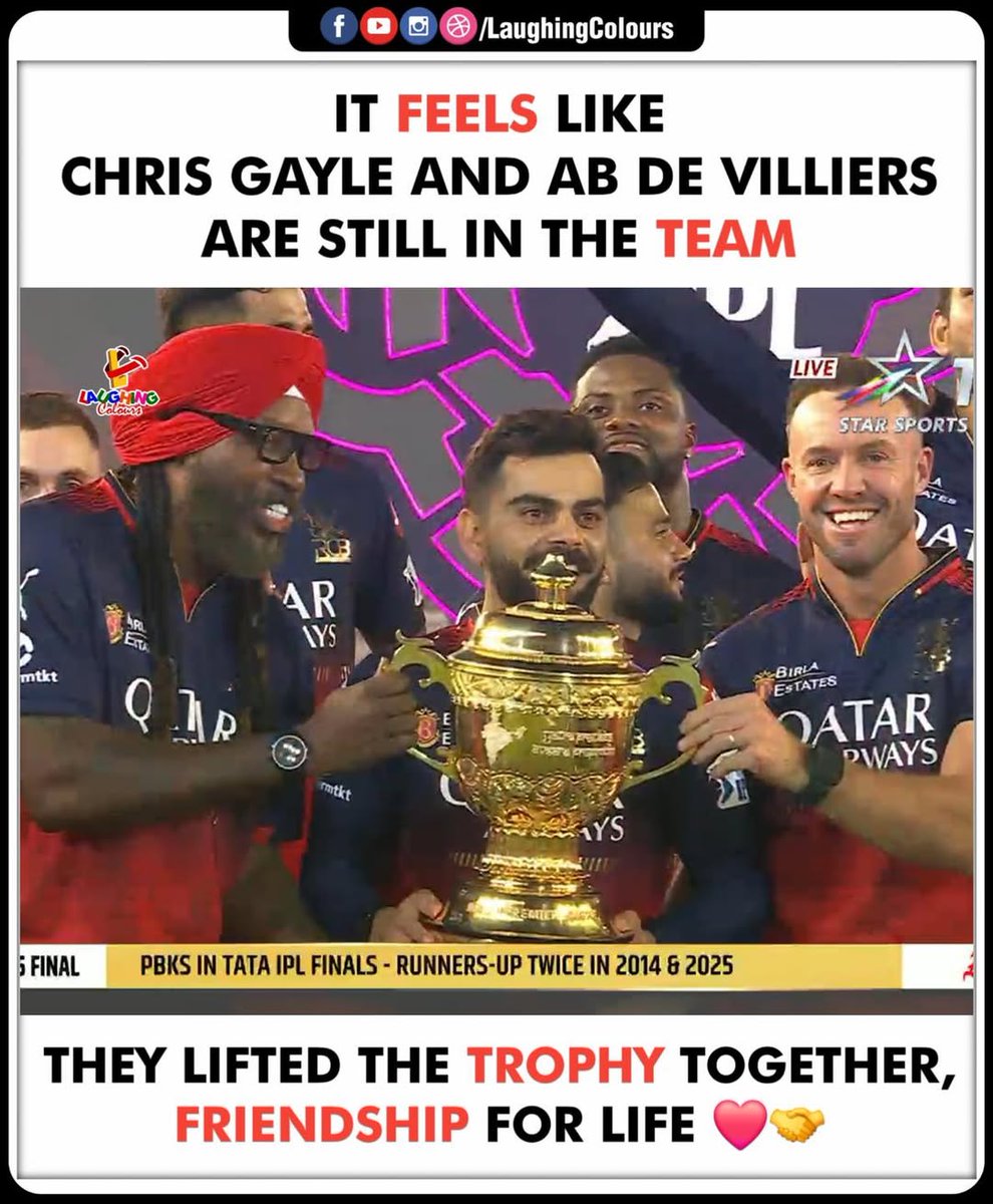 LaughingColours's tweet image. Legacy Lifted Together 🏆

#RCBFamily #GayleABDVirat #TrophyTime #TrueBonds #ChampionsForever #FriendshipGoals
