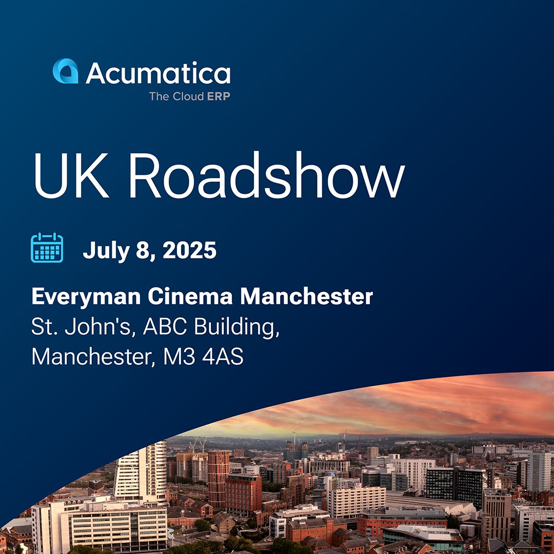 We're headed to Manchester! Join us on Tuesday, July 8, for the UK Roadshow. Hear from customers and partners, see a live demo, and connect with industry peers over lunch.

This is a great opportunity to see how Acumatica is helping UK businesses grow and adapt for the future.