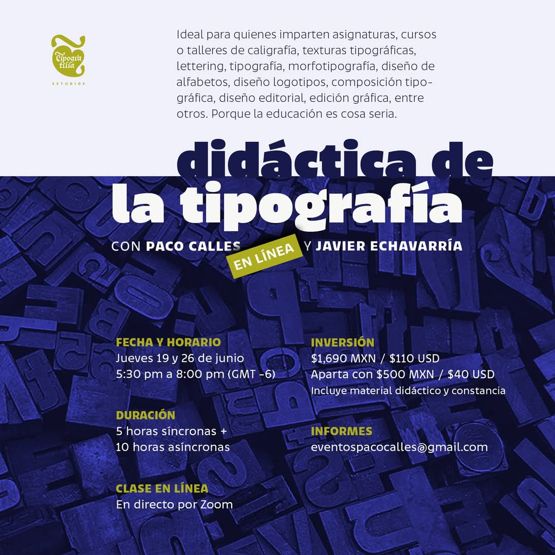 🟣 DIDÁCTICA DE LA TIPOGRAFÍA / Curso-taller en línea: 19 y 26 de junio. 

🔸 Info:
bit.ly/didactica_tipo…

#TipografiliaEducación #TipografiliaEstudios #PacoCallesOnline #DidácticadelaTipografía #Caligrafía #Tipografía #DiseñoTipográfico #DiseñoEditorial