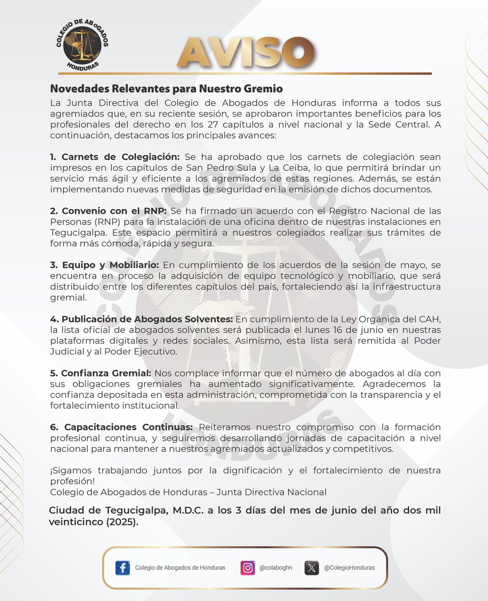 ATENCIÓN: Importantes Novedades para Nuestro Gremio
1. Carnets de Colegiación
2. Convenio con el RNP
3. Adquisición de Equipos y Mobiliario
4. Publicación de Abogados Solventes
5. Confianza y Compromiso Gremial
6. Capacitaciones Permanentes