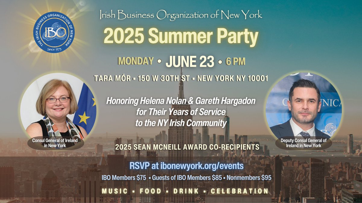 Join us Mon. 6/23 honoring CG and DCG of Ireland NY Helena Nolan &amp; Gareth Hargadon as they complete their roles in NY &amp; journey to their next assignments. We'll be presenting the IBO 2025 Sean McNeill Award to them both during this special event. RSVP @ shorturl.at/xM3DQ.