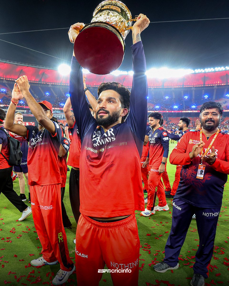 cricinfo's tweet photo. Rajat Patidar, a first-time IPL captain, etched in RCB's history forever 🫡 🏆 https://t.co/NhJyRvF2XH