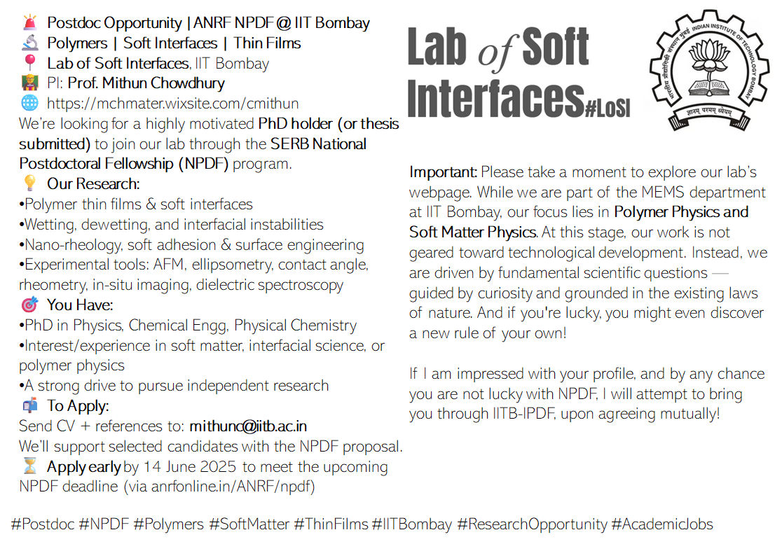 Postdoc Opportunity at Lab of Soft Interfaces, IITB